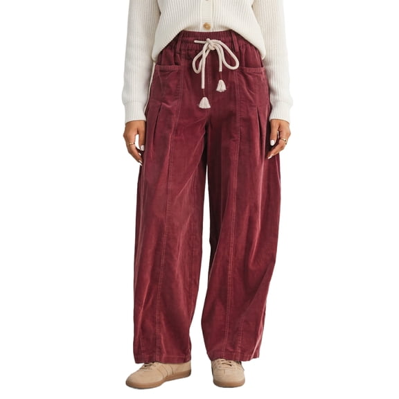 TinyCribz Women's Red Corduroy Wide Leg Pants, Casual High Waist Trousers XL