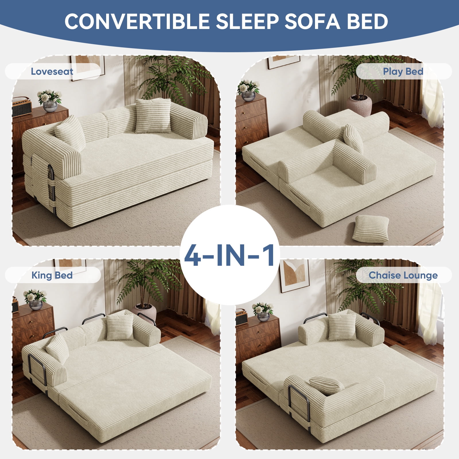 Daluvenix 4-in-1 Folding Convertible Sofa Bed 81 Inch Oversized Corduroy Upholstered Boneless Couch Loveseat Sleeper with Pull Out Bed Beige