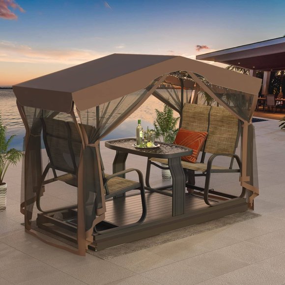 Yoleny Outdoor Patio Glider Benches, Weather Resistant Aluminum Frame, Tempered Glass Tabletop, Sun Protection Canopy with Netting for Patio, Garden, Backyard, Lawns