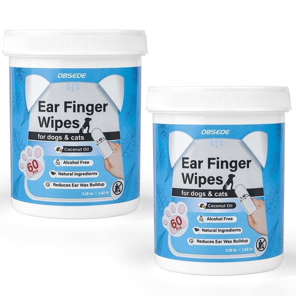 OBSEDE Dog & Cat Ear Wipes, Finger Sleeve Design for Gentle Wax & Dirt Reduce, Odor Control, Fresh Coconut Scent, Easy at-Home Pet Grooming, 120 Count
