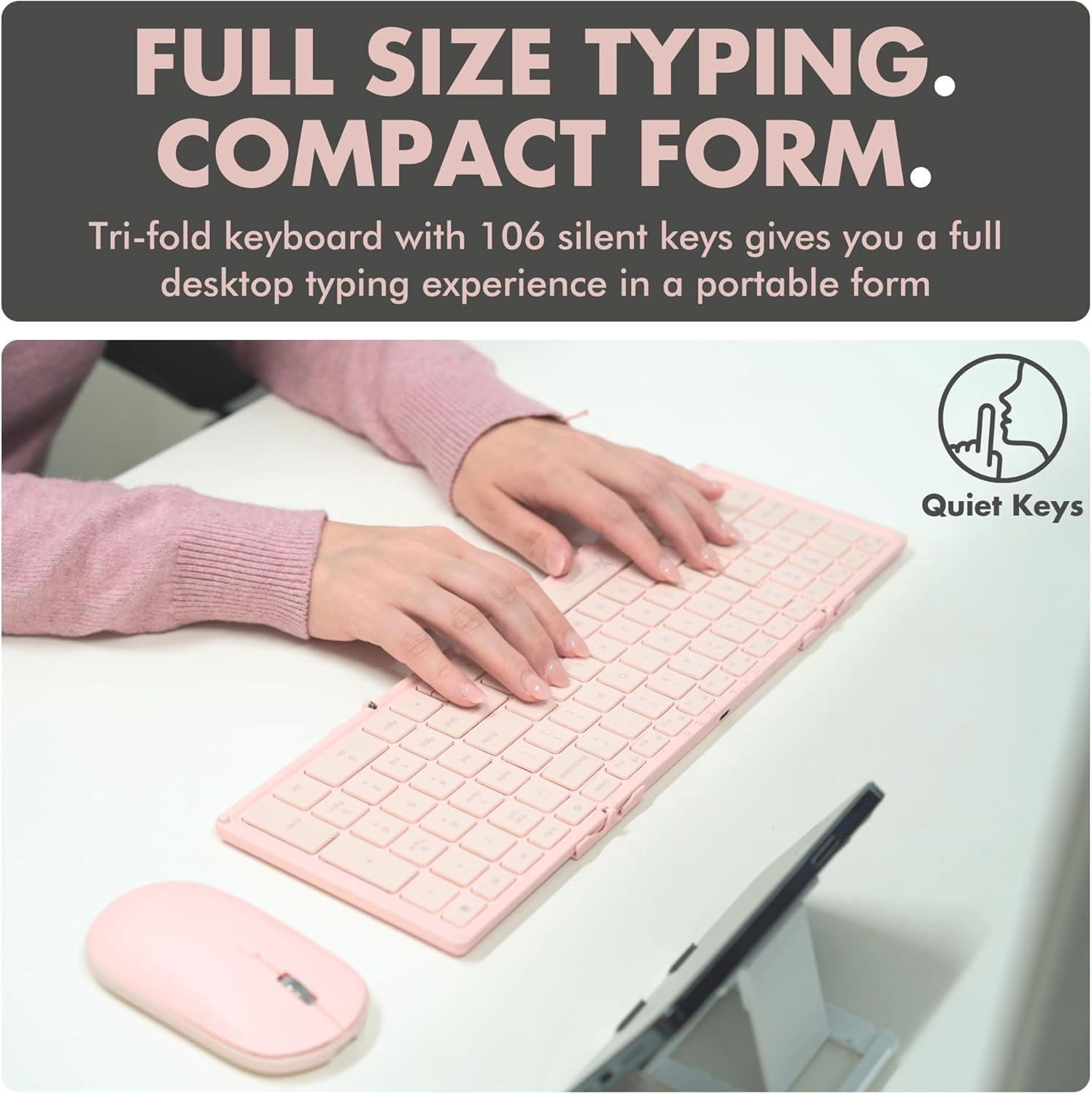 X9 Performance Foldable Keyboard and Mouse Wireless - (BT + 2.4Ghz) - Carrying Case, Phone Stand, Full Sized 106 Keys, Rechargeable - Portable Travel Bluetooth Keyboard and Mouse Set - Pink