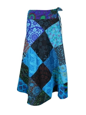 Mogul Women Blue Ethnic Cotton Wrap Skirt Patchwork Vintage Indian Printed Skirts One Size