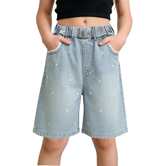 Afuyipoi Girls Bermuda Denim Shorts Size 10-12,Elastic Waist Embroidered Breathable Baggy Jean Shorts Blue