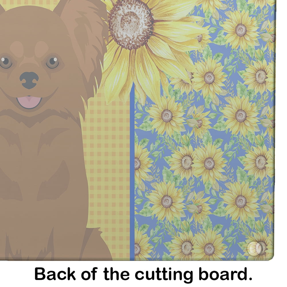 Summer Sunflowers Longhaired Red Chihuahua Glass Cutting Board Large 12 in x 15 in