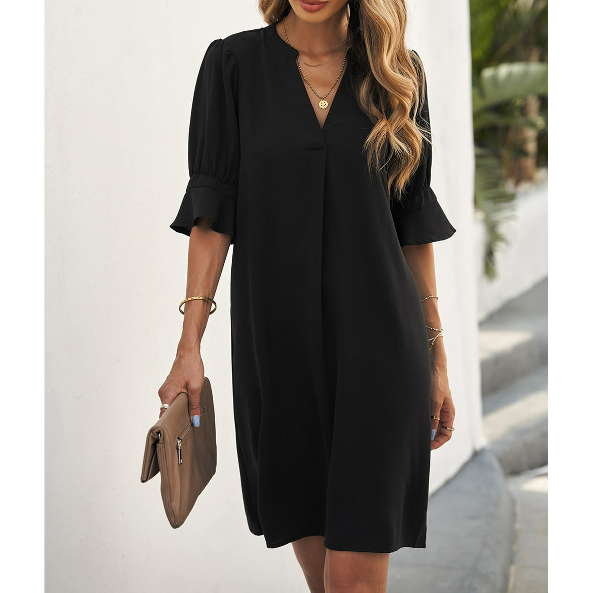 Black v neck shift dress with sleeves hotsell