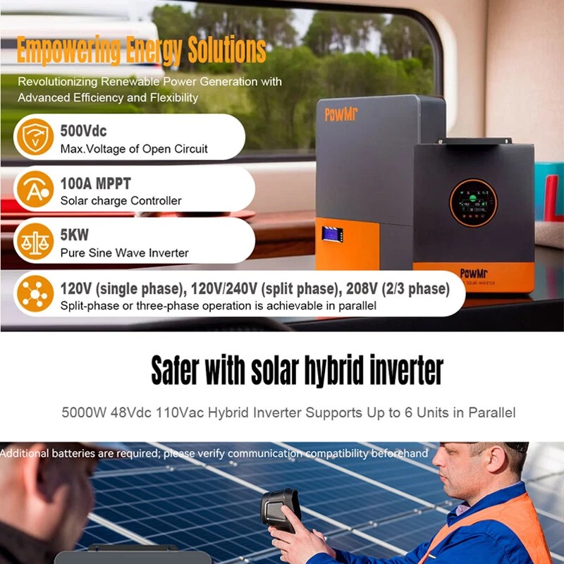 PowMr 5200W 48V Hybrid Solar Inverter 120V 240V(Need In Parallel) Split Phase 100A MPPT Controller In Parallel For Lead-Acid Sealed Gel Nicd Lithium Battery