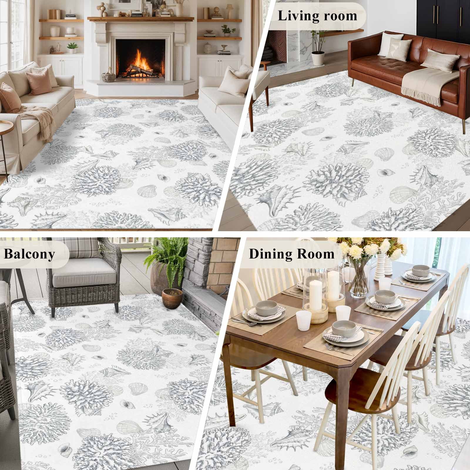 Gray Coastal Area Rugs 5'x8', Washable Small Throw Rugs for Classroom Bedroom, Summer Beach Ocean Coral Conch Shell Indoor Outdoor Rug Non-Slip Low Pile Carpet Runner Reversible Floor Mats