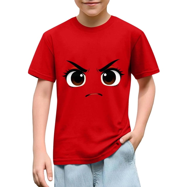 Blusas y camisas de manga corta con cuello redondo para niños y niñas, color liso, con estampado de expresión linda, manga corta, holgadas y cómodas, blusa para niña