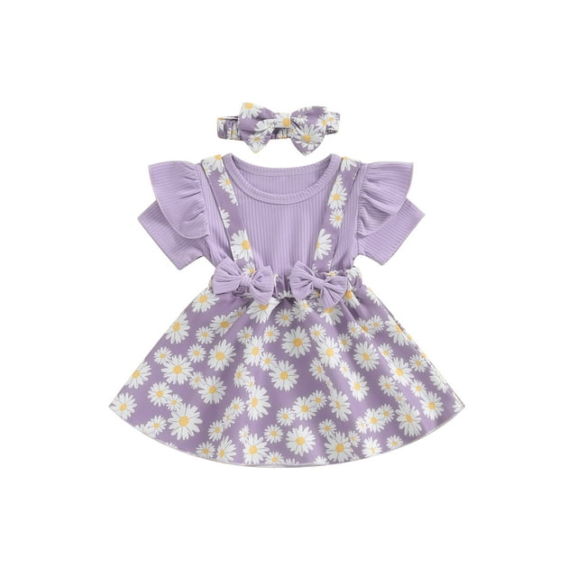 Gupgi Robe Marguerite pour Tout-Petit Bébé Fille, Côtelée, à Volants, Manches Courtes, Patchwork, avec Bandeau