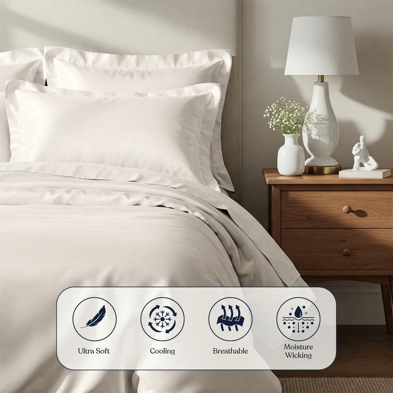 Delara 100% Bamboo Viscose Queen Duvet Cover Set – Ultra-Soft, Cooling & Breathable Luxury Bedding with Pillow Shams, Ivory
