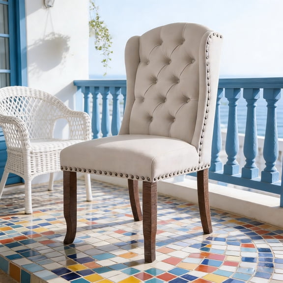 Ivory/Beige Tufted Wingback Dining Side Chairs (Set of 2) - Rustic Oak Solidwood, Nailhead Trim for Contemporary Dining Room