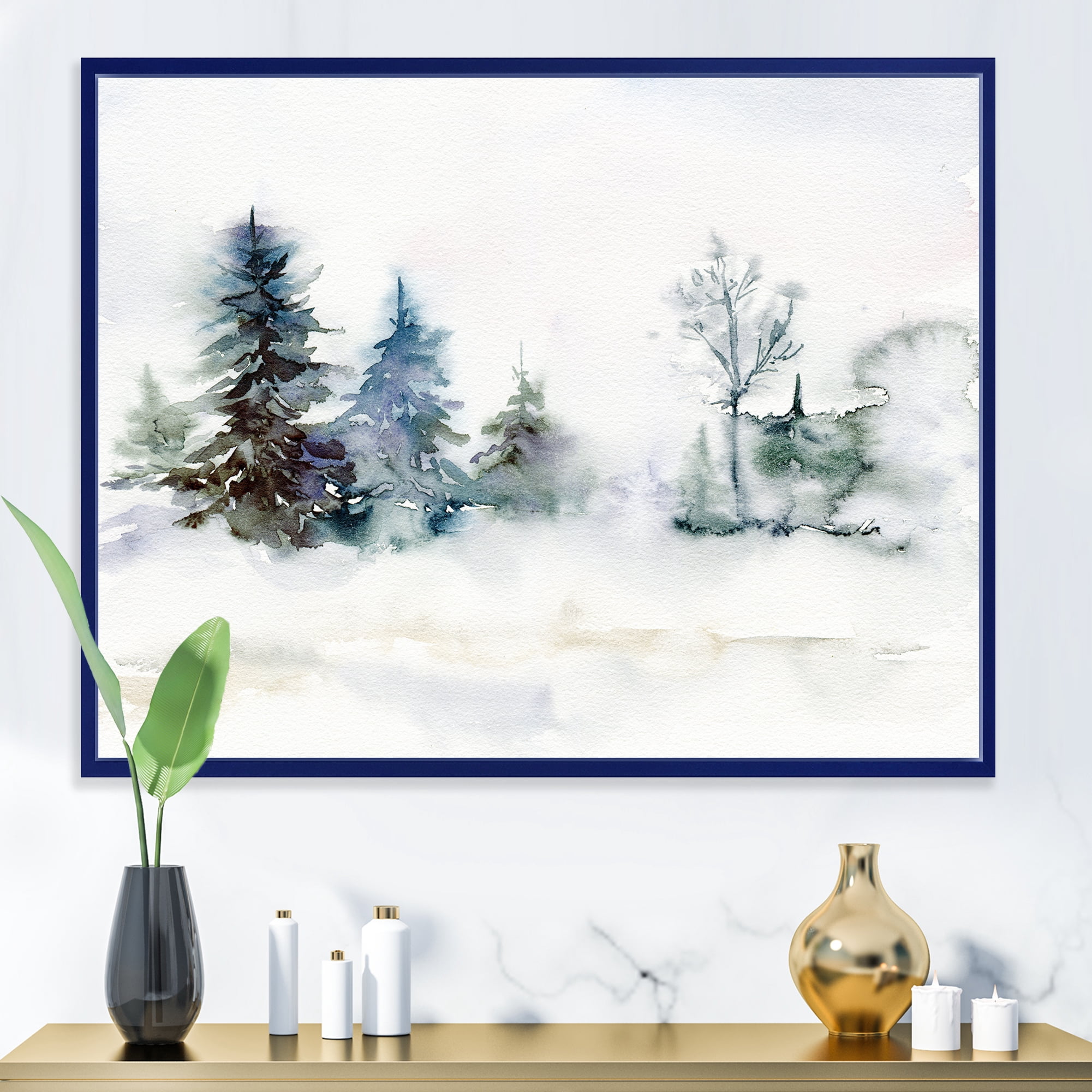 Designart 'Christmas Minimalistic Snow and Forest Landscape' Lake House Framed Canvas Wall Art Print