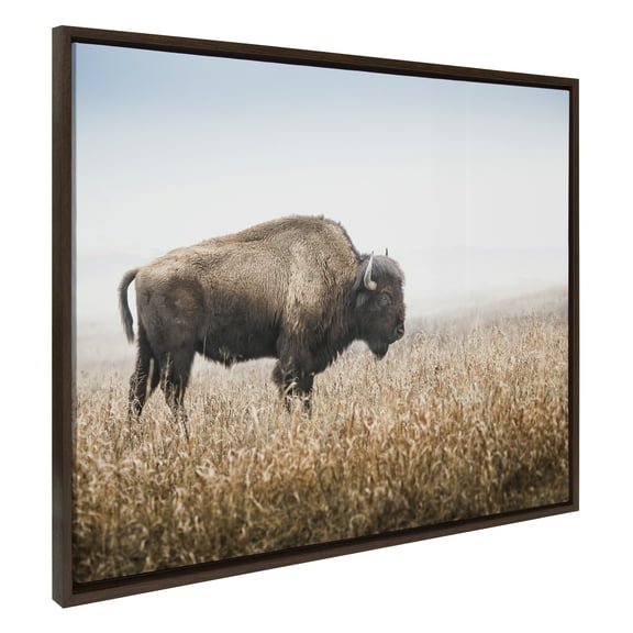 Kate and Laurel Sylvie American Bison Buffalo in Prairie Grass Framed Canvas Wall Art, 31.5 x 41.5 Brown, Prairie Animal Wall Art Decor
