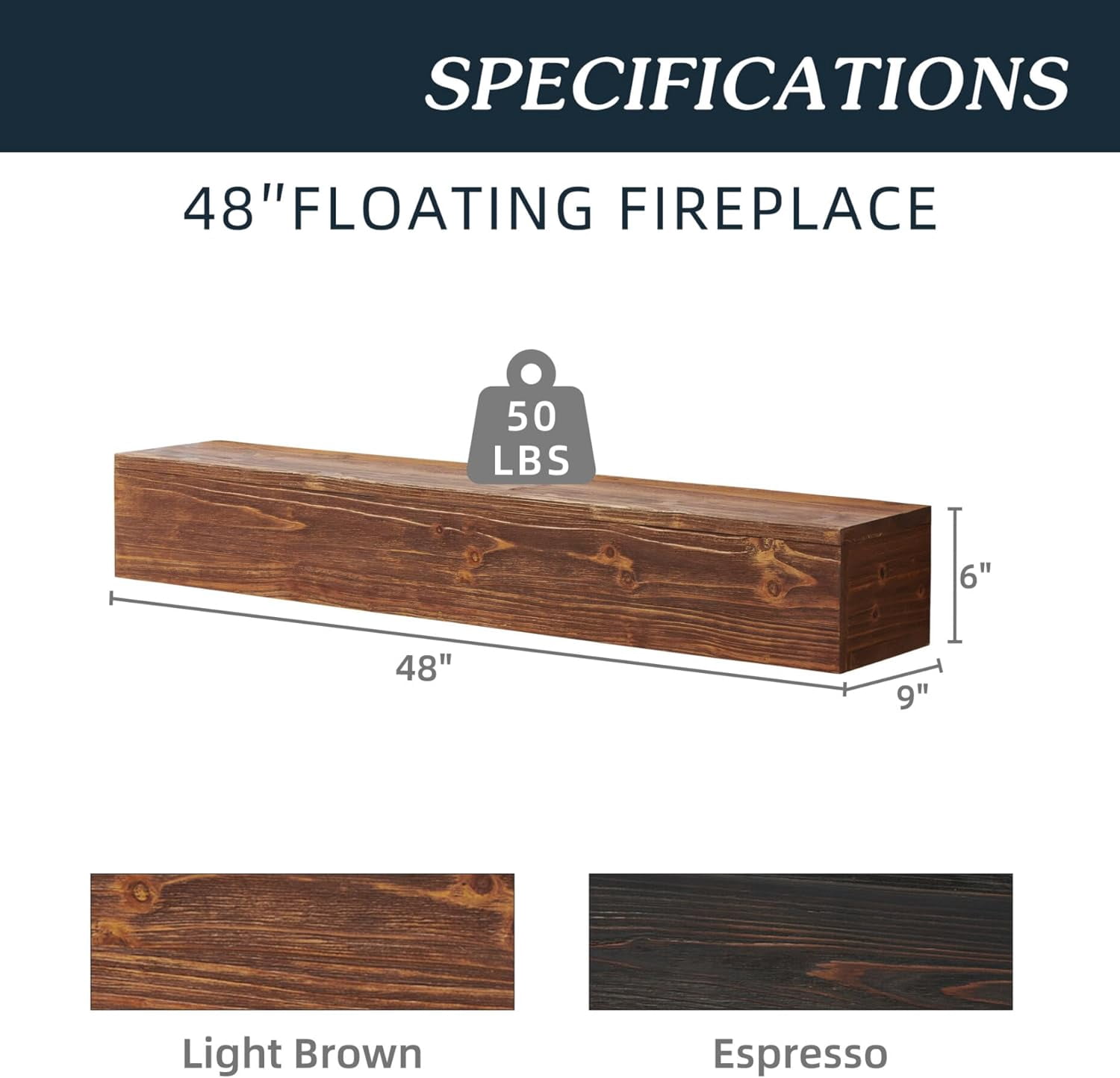 48" Rustic Wood Fireplace Mantel, Wall-Mounted & Floating Shelf for Home Wall Decor, Rustic Cedar Wood Floating Farmhouse Shelf Handcrafted Wall Mounted for Bathroom, Light Brown