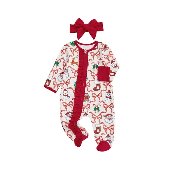 Qmyliery Newborn Girl Christmas Romper Bow Print Long Sleeve Zip Up Round Neck Footed Jumpsuit with Headband