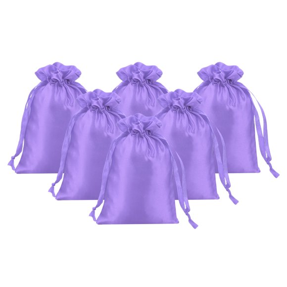Uxcell Satin Gift Bags, 6 Pcs 6 x 4 Inch Wedding Favor Drawstring Bags with Drawstring for Birthday Christmas Jewelry Party, Light Purple