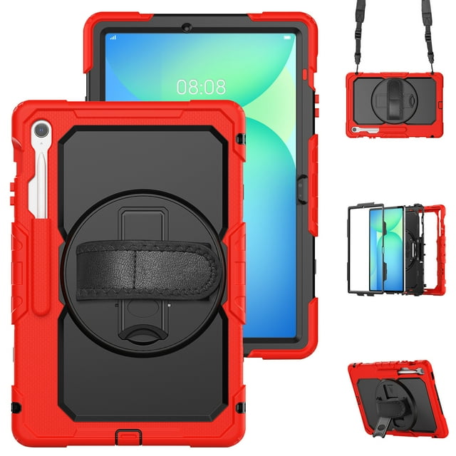 XYX For Samsung Galaxy Tab S10 FE Plus Case 13.1 inch, 360 Rotating Shockproof Cover with Stand, Screen Protector, Shoulder Strap (SM-X620/X6266), Red
