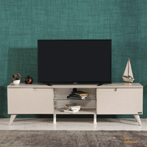 Cfowner Mid-Century Modern TV Stand for 70 Inch TV, Entertainment Center TV Console with 2 Storage Cabinet and Shelves, TV Stand for Living Room/Bedroom