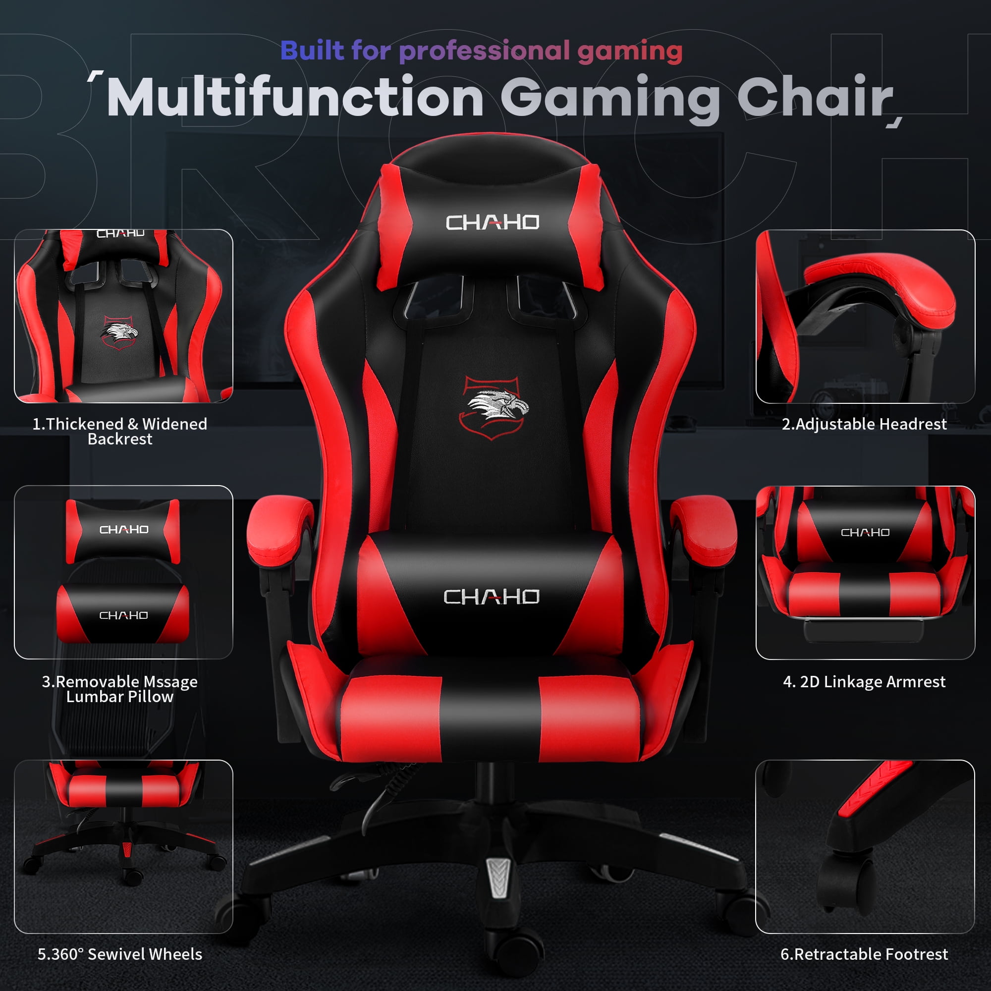 Gaming Chair, Brochao Ergonomic Office Gaming Chair Computer Racing Chair with Footrest Lumbar Support Headrest and Bluetooth Speakers for adults, Red
