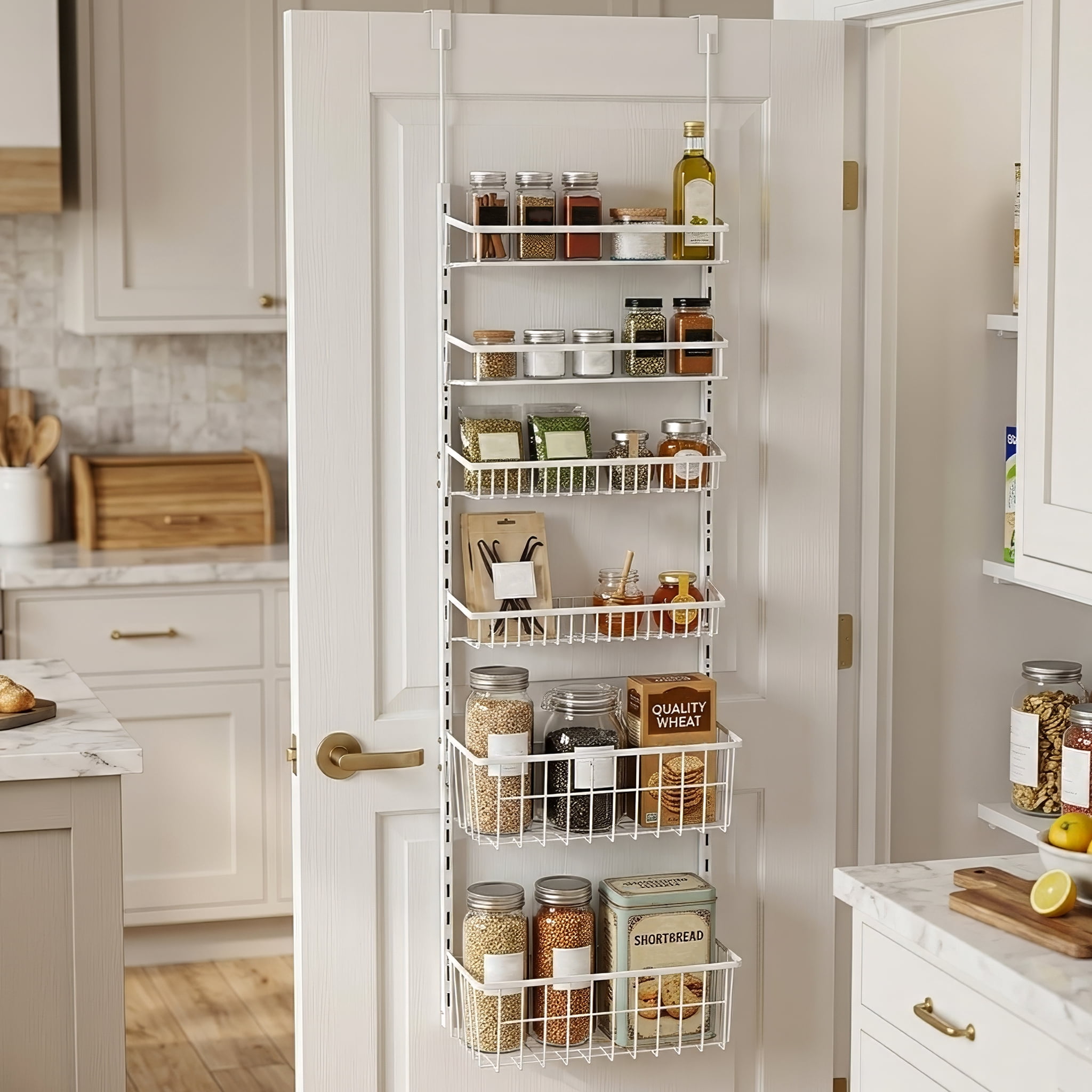 Mainstays Powder Coated Metal Over the Door Rack Organizer, 6 Tier Adjustable Shelves, White, Made for Kitchen Organization and Accessibility