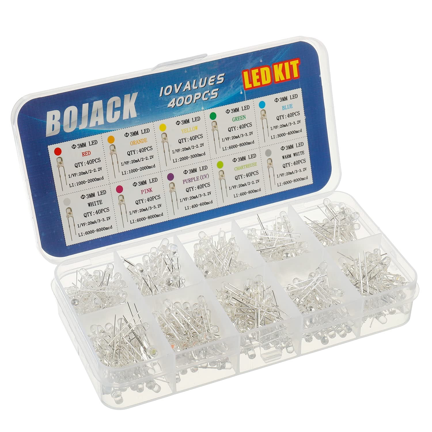 10 colors 400 pieces 3 diode LED mixed set package (red/orange/yellow/green/blue transparent 2-3.220) bright lighting LED lights electronic components 3 LED parts
