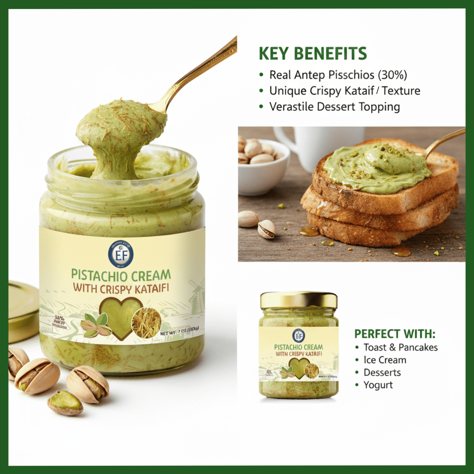 Eastern Feast - Pistachio Cream with Crispy Kataifi, Premium Middle Eastern Dessert Spread, Rich Pistachio Filling, 200g Jar