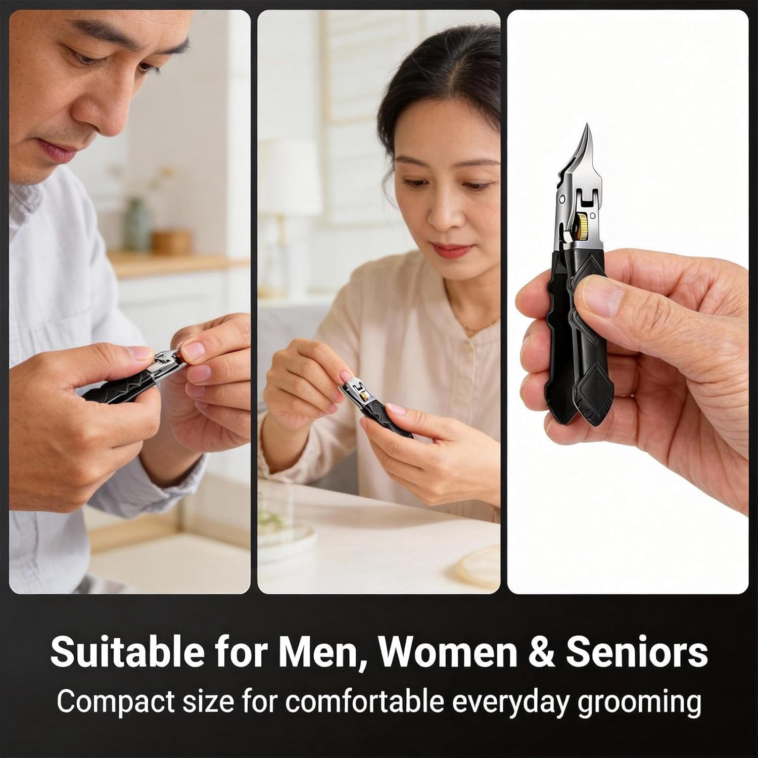 Black Anti-Slip Grip Gear Lock Nail Clipper Set with Ultra-Sharp Tips for Precise Access to Nail Grooves, Wide Jaw Opening Anti-Splash Slanted Nails Clipper for Clippers Thick Nails