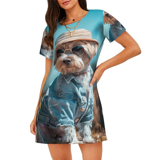 Fotbe Stylish Dog in Denim Outfit Bata de Dormir para Mujer con Estampado, Camisón de Algodón de Manga Corta, Ropa de Dormir Casual
