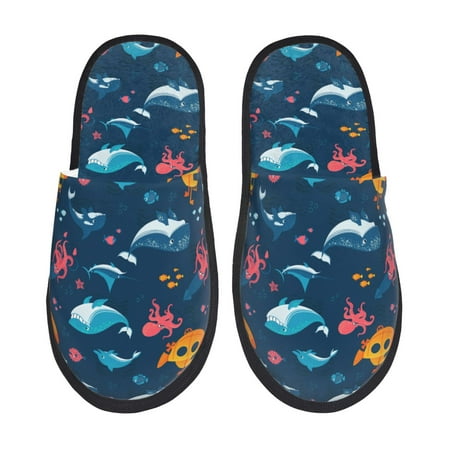 Balery Ocean Floor Animals Slient Indoor Furry Fleece Comfort House Shoes Soft Non-Slip Home Shoes Cotton slippers House Slippers-- Large