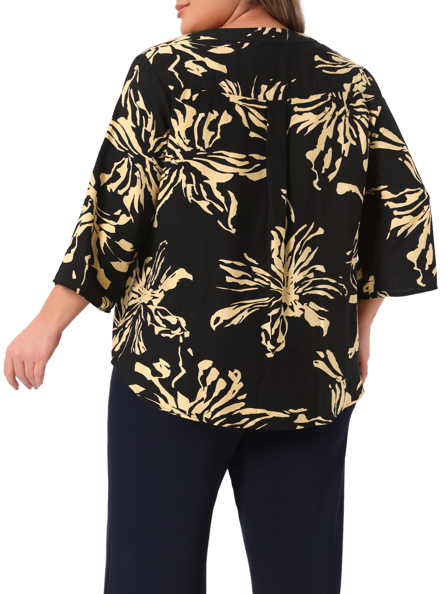 DARING DIVA Women's Plus Floral 3/4 Sleeve V Neck Button Blouse 3X Black