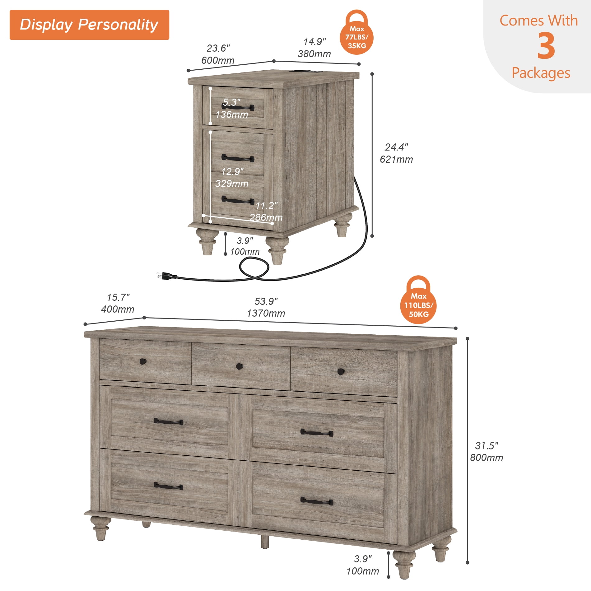 3 Piece Dresser and Nightstand Sets, Farmhouse Dresser with 7 Drawers, Set of 2 Night Stands with Charging Staion & Cabinet, 3 Piece Bedroom Set, Grey