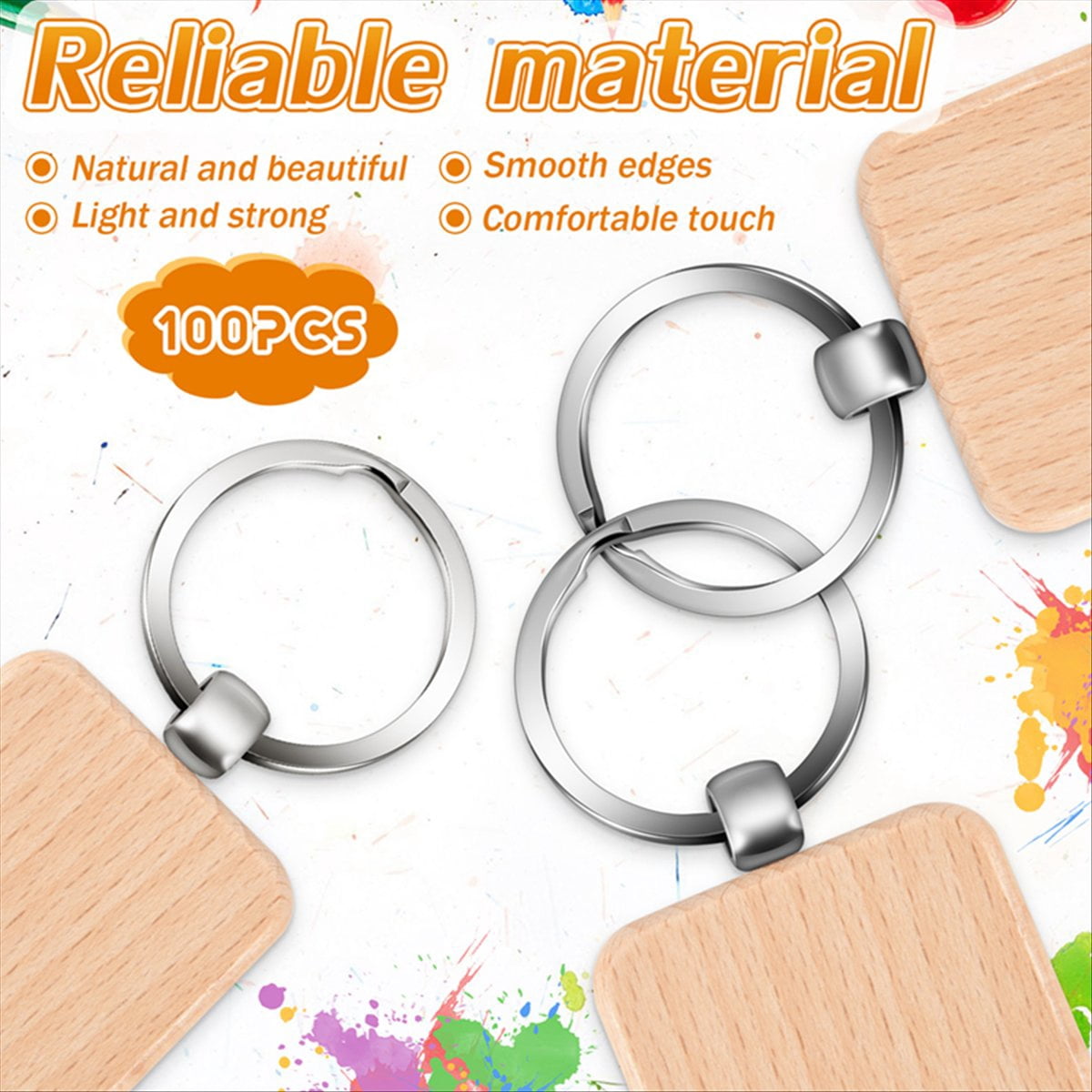 100Pcs DIY Blank Wooden Key Chain Square Carved Key Ring Wooden Key Ring About 40 x 40 mm,100 x Wooden Key Chain,Wood color & silver
