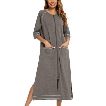 

HJCOMMED Nightgowns for Women Zipper Front Long Housedress Soft Comfy 3/4 Sleeve Ladies Nightdress Sleepwear Gown for Mom Summer Savings Clearance! Dark Gray