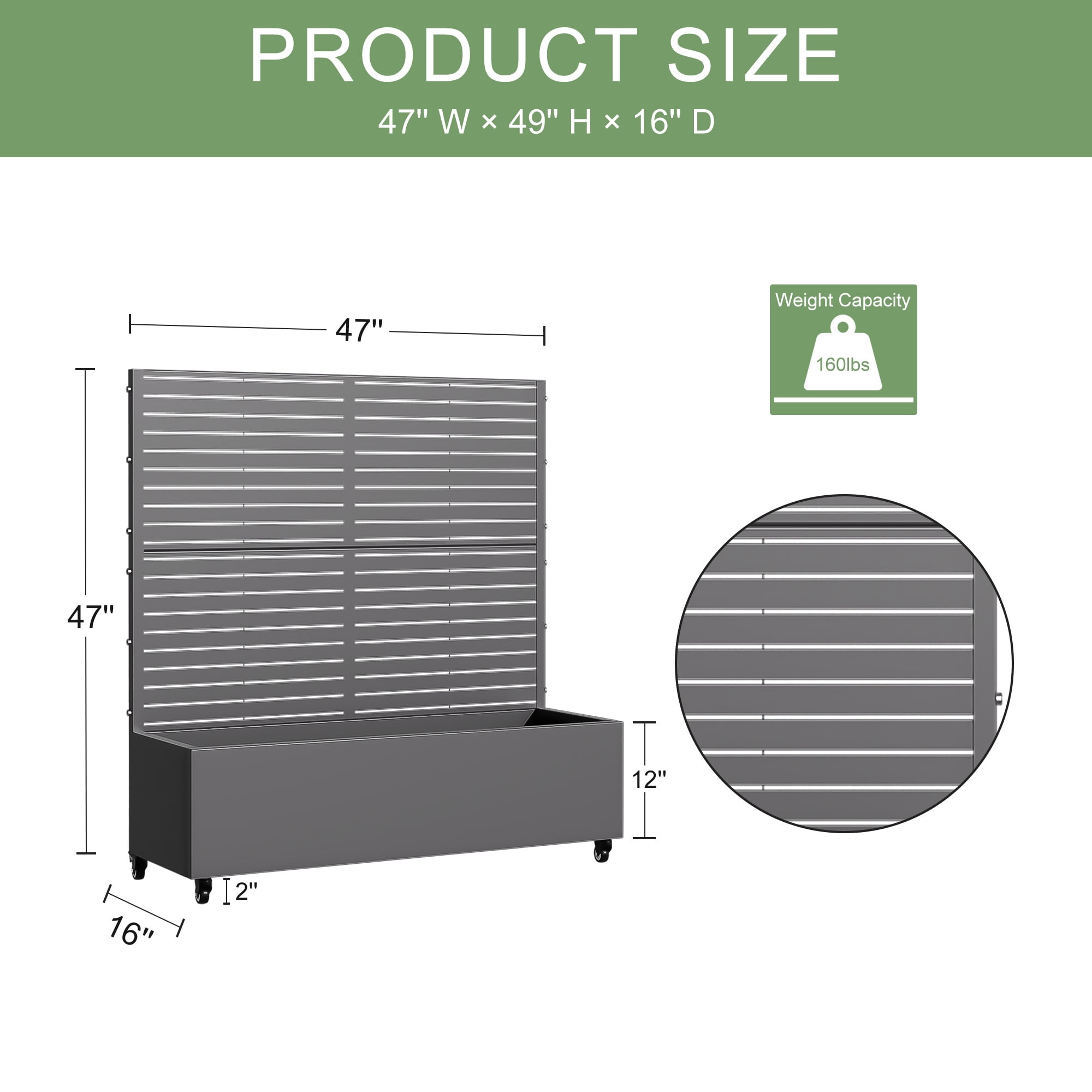 MAYEERTY 47*16*47"Outdoor Gray Metal Planter with Rect Louvered Climbing Trellis, Drainage hole & Wheels