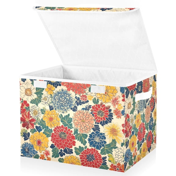 Yayeee Collapsible Cube Storage Bin with Lid Fabric Closet Decorative Basket with Handles, Vibrant Flowers Pattern
