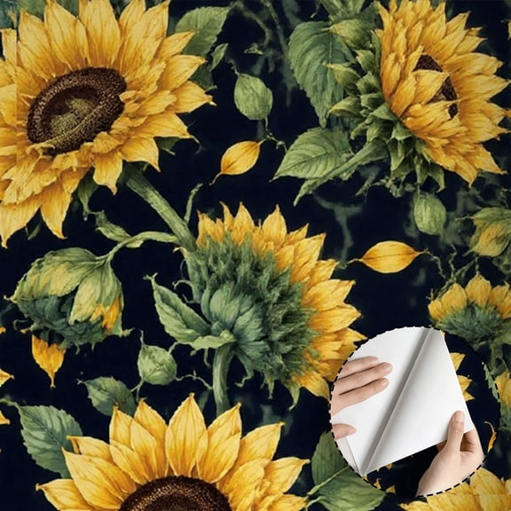 Sunflower Floral Wallpaper, Vintage Rustic Farmhouse peel and stick wallpaper, waterproof, Home Decor for Living Room, Bedroom, Kitchen Cabinet, Bathroom, Dorm Room [17.7 * 118 in]