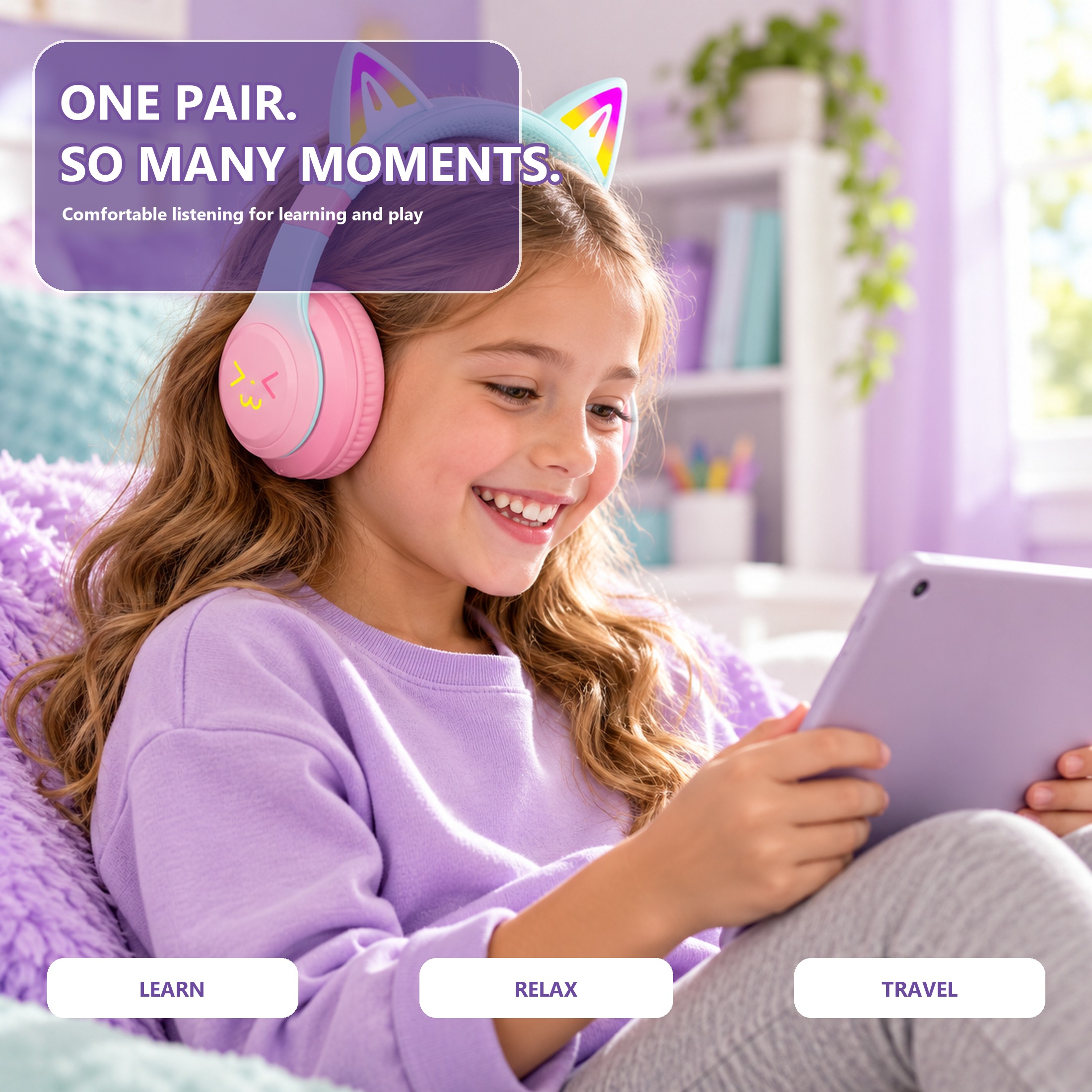 Hoey Cat Ear Kids Bluetooth Headphones, Pink photo 7