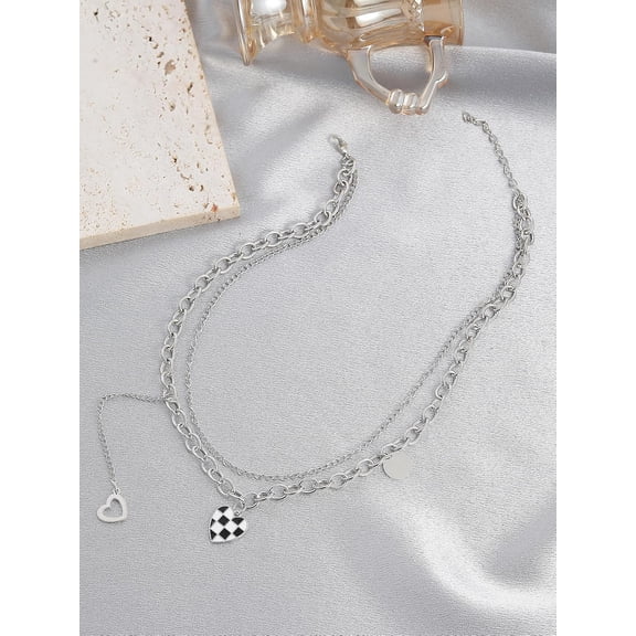 1Pc Heart Chunky Chain Pendant Necklace White and Black Enamel Checkered Heart Pendant Necklaces Vintage Fashion Stacking Jewelry for Women Elegant Gifts Personalized Jewelry 16.34 inch(41.5cm) Black