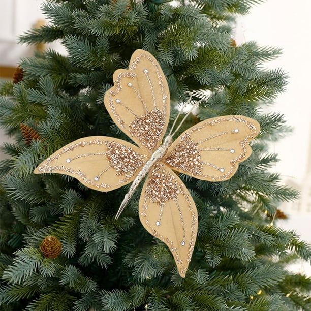 Mariposas Artificiales Decorativas para Navidad | Tela Dorada | 27 X 20 Cm | Reutilizables para Varias Temporadas | Estructura Colgante | Enriquecen El Ambiente Navideño
