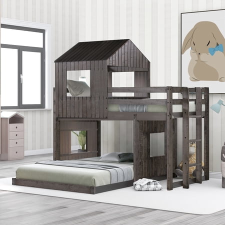 Twin Over Full Bunk Bed with Built-in Ladder  Loft Playhouse Bed Frame with Full-Length Guardrails and Roof  Wood House Bed for Boys Girls Bedroom Furniture  No Box Spring Needed  Antigray