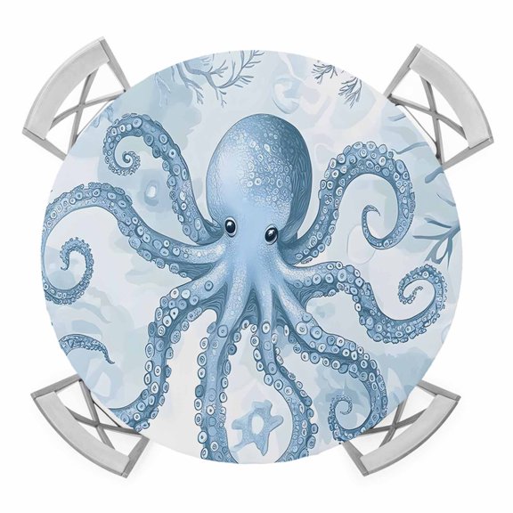 Blue Octopus Round Tablecloth for 36-44 Inch Tables, Fitted Table Cover with Elastic Edge, Summer Watercolor Ocean Coral Waterproof Outdoor Table Cloth Protector for Patio Garden Dinner Picnic
