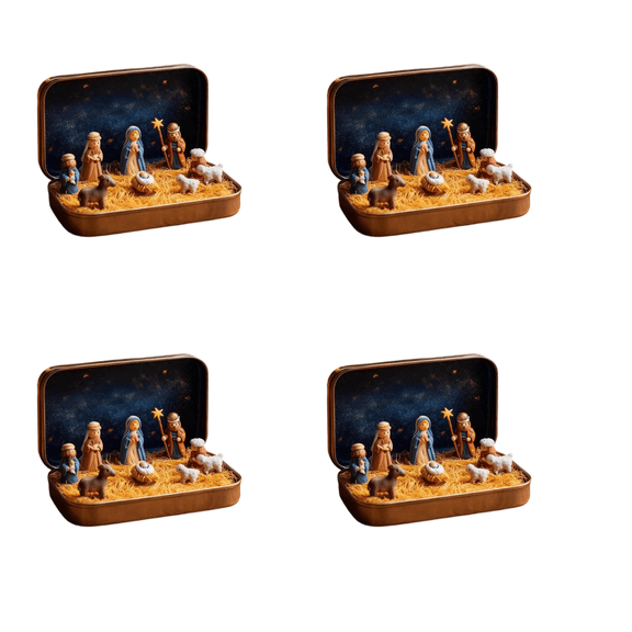 hulanddfd 4 Pack Mini Nativity Set in Tin Box, Portable Pocket Nativity Scene Figurines Display Tin Cases for Tabletop Mantel Shelf Decor Easter Party Supplies and Gift