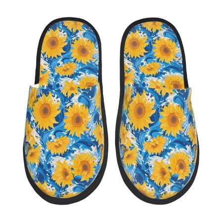 Balery Blue Ocean Wave Sunflower Slient Indoor Furry Fleece Comfort House Shoes Soft Non-Slip Home Shoes Cotton slippers House Slippers-- Medium