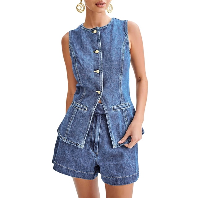 Honganda Women 2 Pcs Denim Outfits Sleeveless Button Up Tank Tops Solid Color Shorts Sets