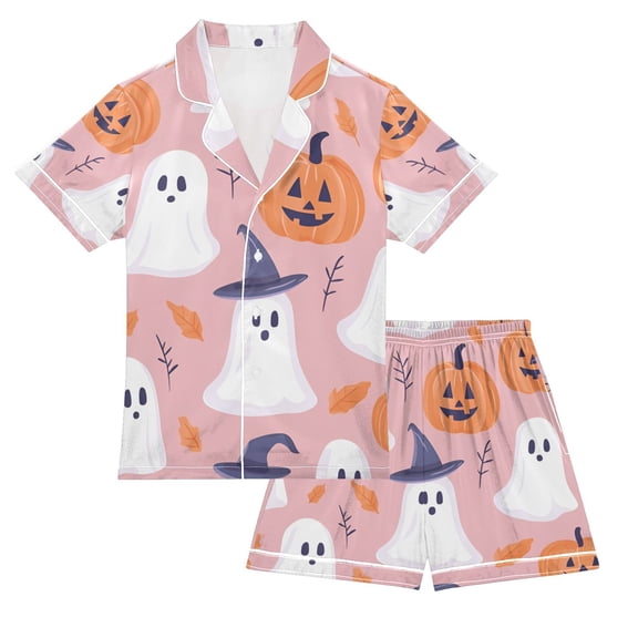FORMRS Kids Short Sleeve Top and Pants Pajama Set Unisex Satin 2-Piece Sleepwear, Sizes 5-6Y, Cartoon Halloween Ghosts