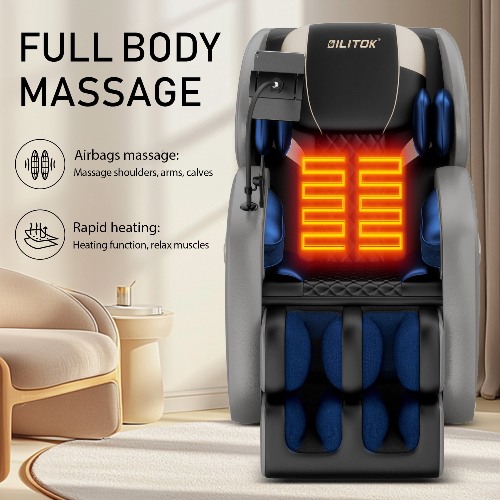 AENKYO Full Body Zero Gravity Massage Chair with Heating, Airbags, Bluetooth Speaker, Foot Roller, and Touch Screen Control Gray