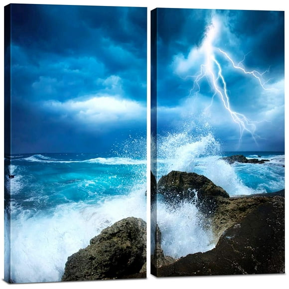 Ocean Lightning Storm Canvas Wall Art Decor - 2 Piece Set, Decorative Multi Panel Split Prints - Blue Ocean Picture for Living Room, Kitchen, Bedroom, Office & Home Decor Gift