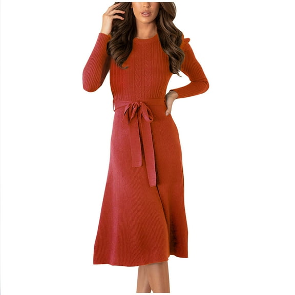 cyber and Monday Deals Clearance BUIgtTklOP Fall and Winter Dresses for Women Clearance 2023,Women's Sweater Mid-Length Sweater Dress Round-neck Puffy Sleeves Solid Color Knitted Skirt
