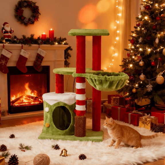 Ktaxon 31.5in Christmas Cat Tree, Holiday Themed Cat House with Scratching Post for Indoor Decor