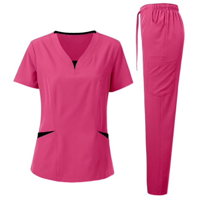 LYMAYTER Ensemble d'Uniforme d'Infirmière pour Femmes Manches Courtes Ultra Doux Contraste avec Poche pour Uniforme Médical S-2TG
